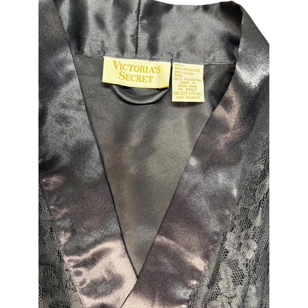 Vintage Victorias Secret Gold Label Black Lace Robe Kimono Satin Trim One Size - Picture 4 of 6